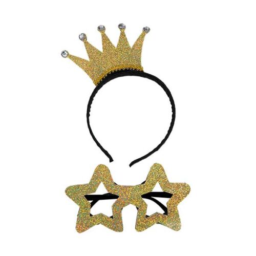 Dette sæt består af en elastisk tiara med en glitrende guldkrone og stjerneformede briller i samme farve.