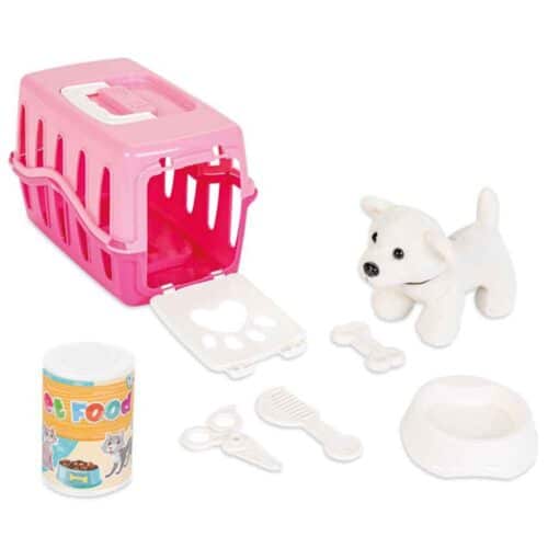 Toy cat set including cat cage and accessories pink