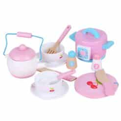 Wooden toy tableware and toy kitchen utensils