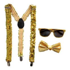 Set mit goldfarbenen Paillettenspangen Sonnenbrille und Fliege Box