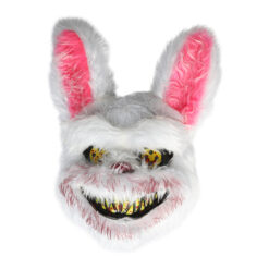 Läskig Blodig Kanin Mask i PVC med fuskpäls, rosa öron och gula ögon. Perfekt för Halloween, maskerader och skrämmande kostymer för vuxna.