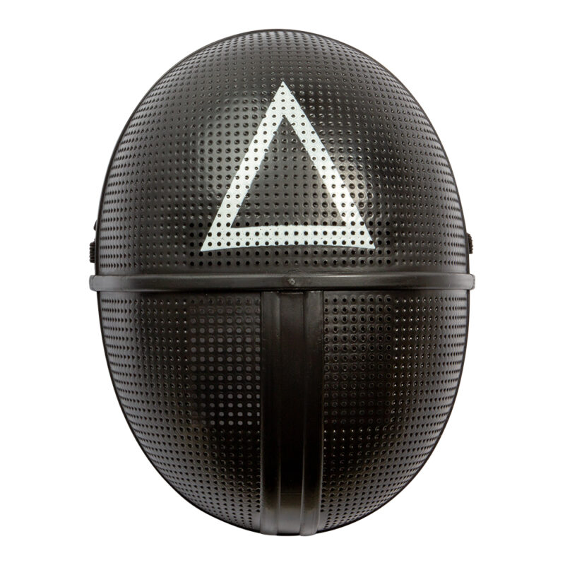 Squid Game Triangle Mask – svart mask med vit triangel, inspirerad av den populära serien. Perfekt för Halloween, maskerader och temafester.