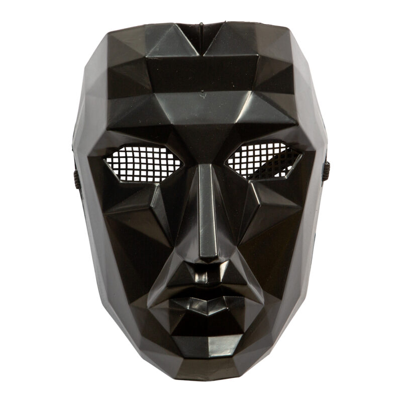 Squid Game Boss Mask – svart mask inspirerad av ledaren i serien. Perfekt för Halloween, maskerader och temafester.